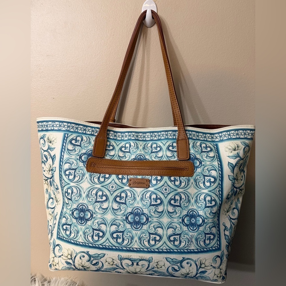 Brighton Brielle Blue White British Tan Leather Trim Coated Canvas - Picture 2 of 11